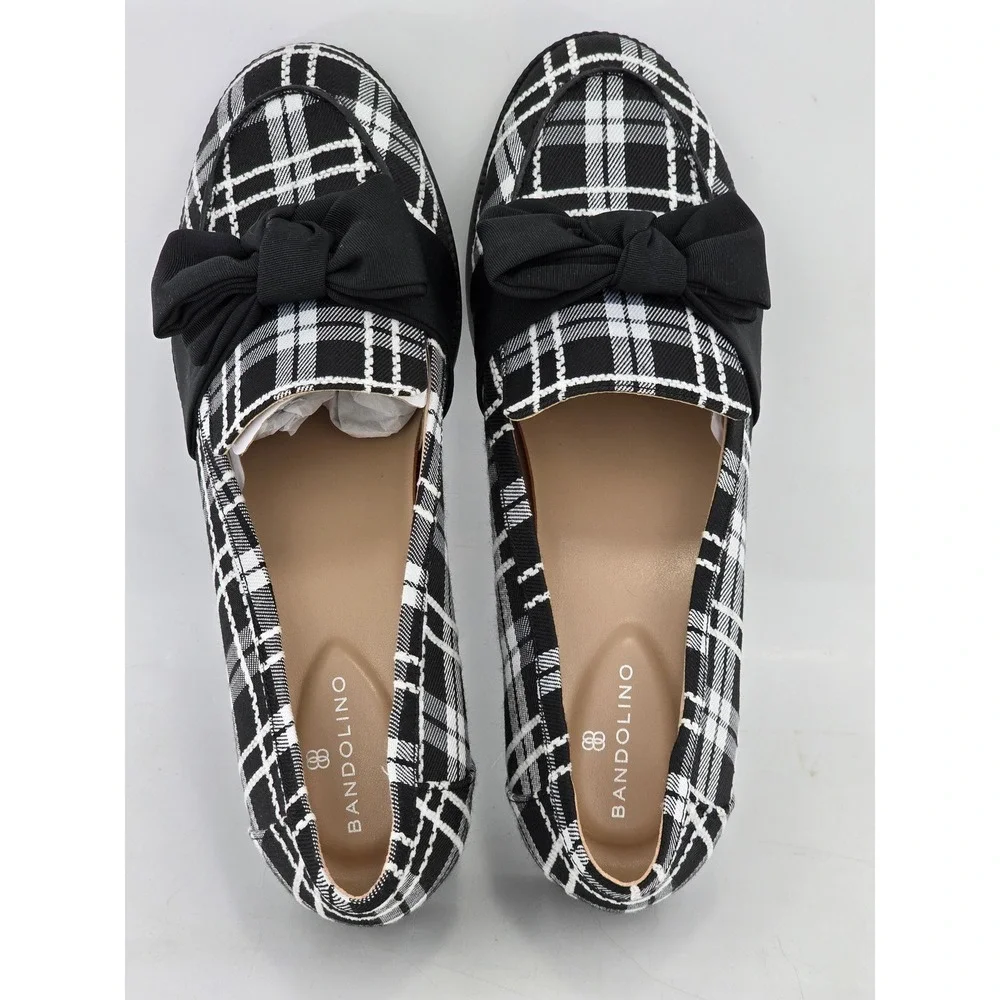 Bandolino Lindio Loafers Womens 9M Black White Plaid Bow Slip On Shoes -VGF